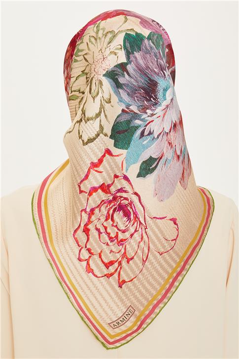 Armine Çiçek Desenli Twill Saf İpek Eşarp 9220D 35