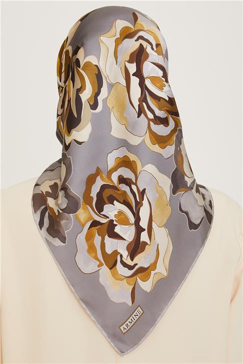 Armine Çiçek Desenli Twill Saf İpek Eşarp 9234D 32