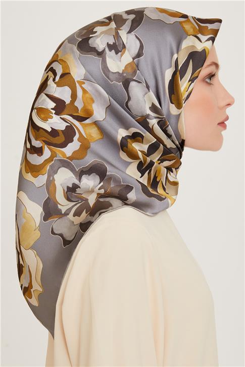 Armine Çiçek Desenli Twill Saf İpek Eşarp 9234D 32