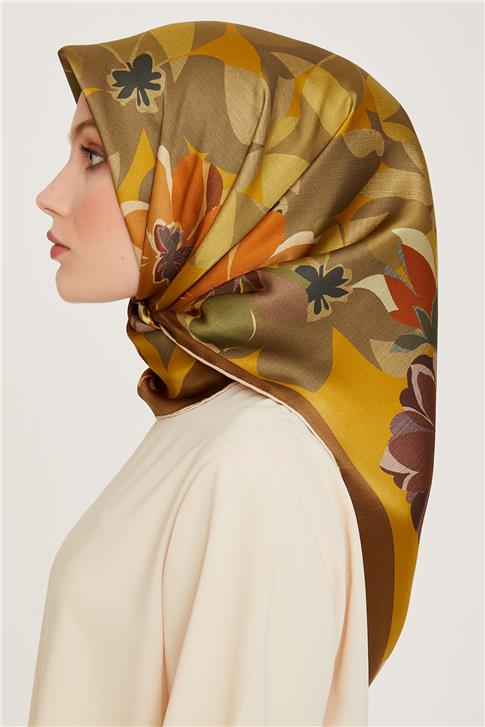 Armine Çiçek Desenli Twill Saf İpek Eşarp 9238D 34