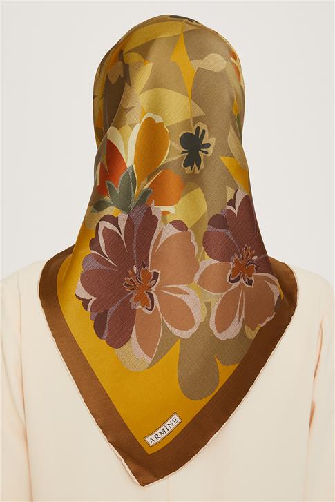 Armine Çiçek Desenli Twill Saf İpek Eşarp 9238D 34