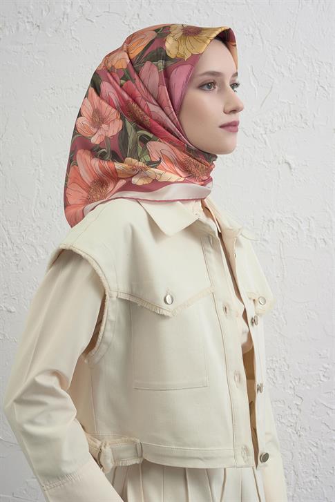 Armine Çiçek Desenli Saf İpek Twill Eşarp 9403D 01