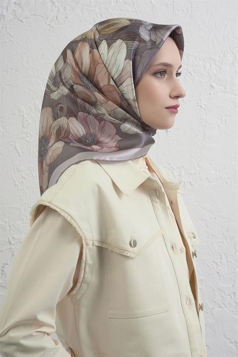 Armine Çiçek Desenli Saf İpek Twill Eşarp 9403D 11