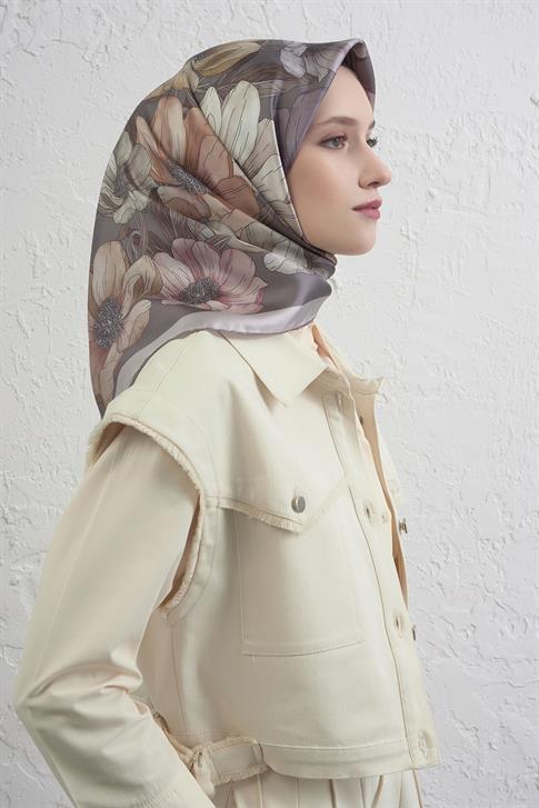 Armine Çiçek Desenli Saf İpek Twill Eşarp 9403D 11