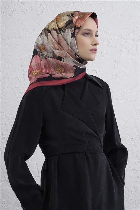 Armine Çiçek Desenli Saf İpek Twill Eşarp 9403D 32