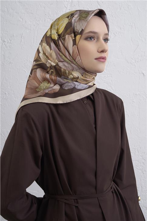 Armine Çiçek Desenli Saf İpek Twill Eşarp 9403D 36
