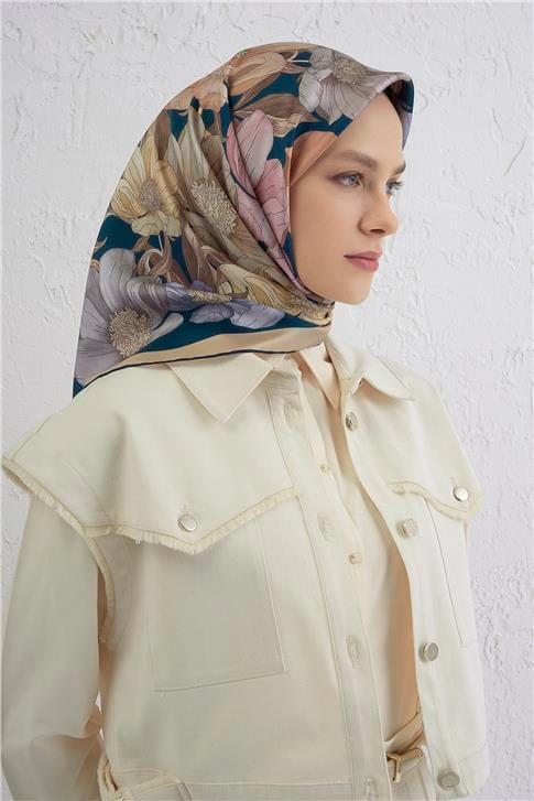 Armine Çiçek Desenli Saf İpek Twill Eşarp 9403D 37