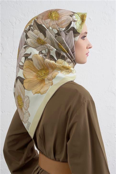 Armine Çiçek Desenli Saf İpek Twill Eşarp 9403D 38