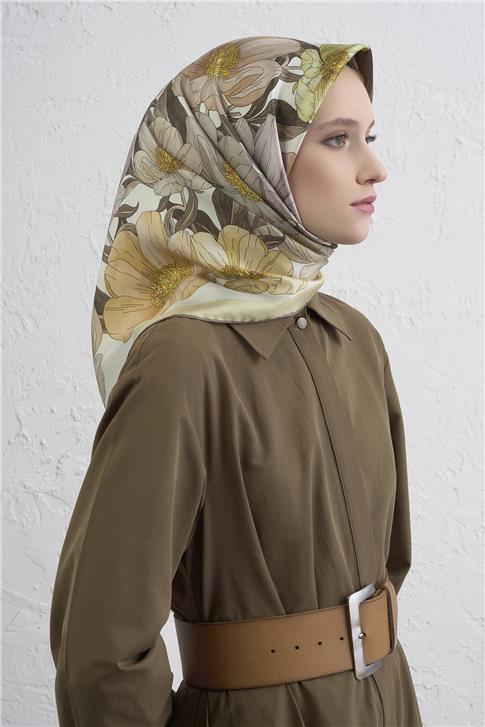 Armine Çiçek Desenli Saf İpek Twill Eşarp 9403D 38