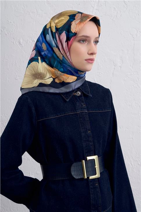 Armine Çiçek Desenli Saf İpek Twill Eşarp 9403D 54