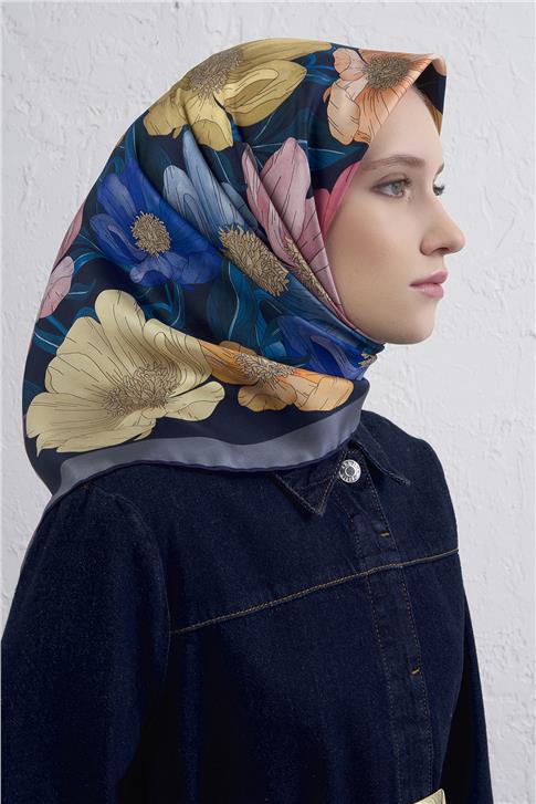 Armine Çiçek Desenli Saf İpek Twill Eşarp 9403D 54