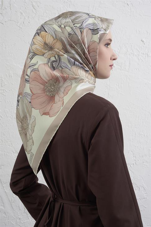 Armine Çiçek Desenli Saf İpek Twill Eşarp 9403D 81