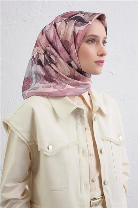 Armine Çiçek Desenli Saf İpek Twill Eşarp 9403D 82