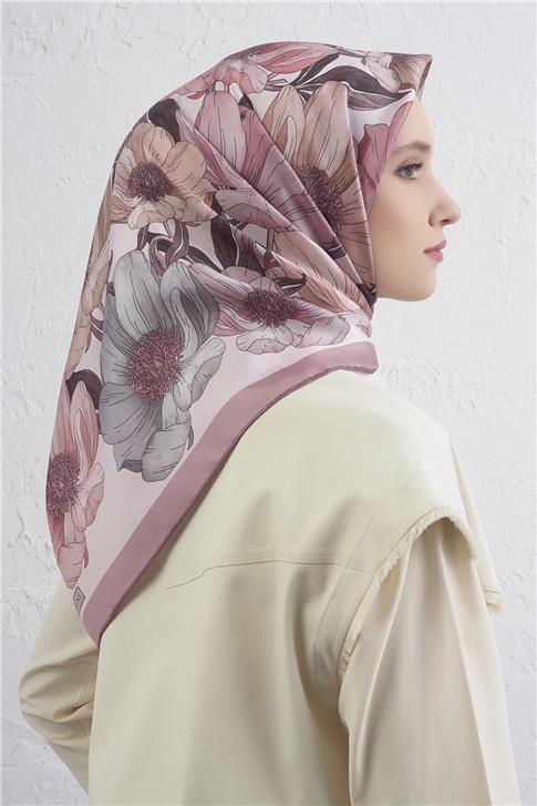 Armine Çiçek Desenli Saf İpek Twill Eşarp 9403D 82