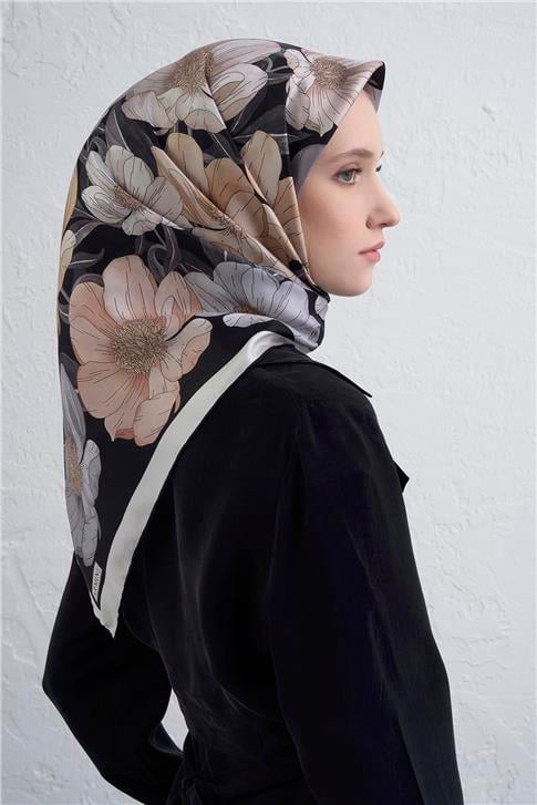 Armine Çiçek Desenli Saf İpek Twill Eşarp 9403D 84