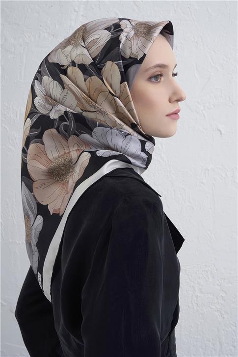 Armine Çiçek Desenli Saf İpek Twill Eşarp 9403D 84