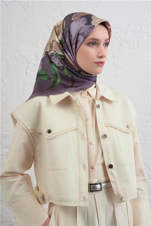 Armine Çiçek Desenli Saf İpek Twill Eşarp 9414D 84