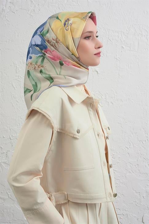 Armine Çiçek Desenli Saf İpek Twill Eşarp 9414D 85