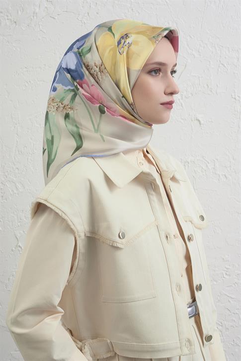 Armine Çiçek Desenli Saf İpek Twill Eşarp 9414D 85