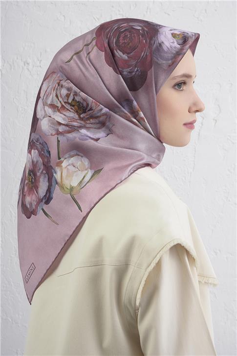 Armine Çiçek Desenli Saf İpek Twill Eşarp 9419D 05
