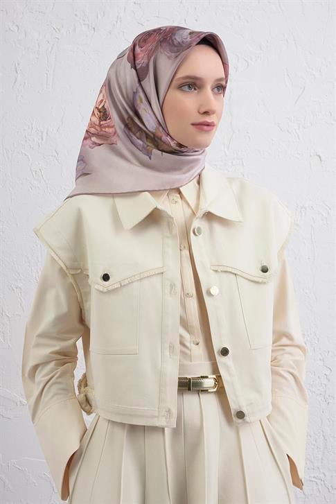 Armine Çiçek Desenli Saf İpek Twill Eşarp 9419D 06