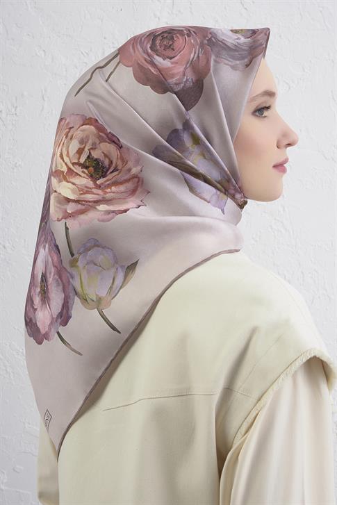 Armine Çiçek Desenli Saf İpek Twill Eşarp 9419D 06