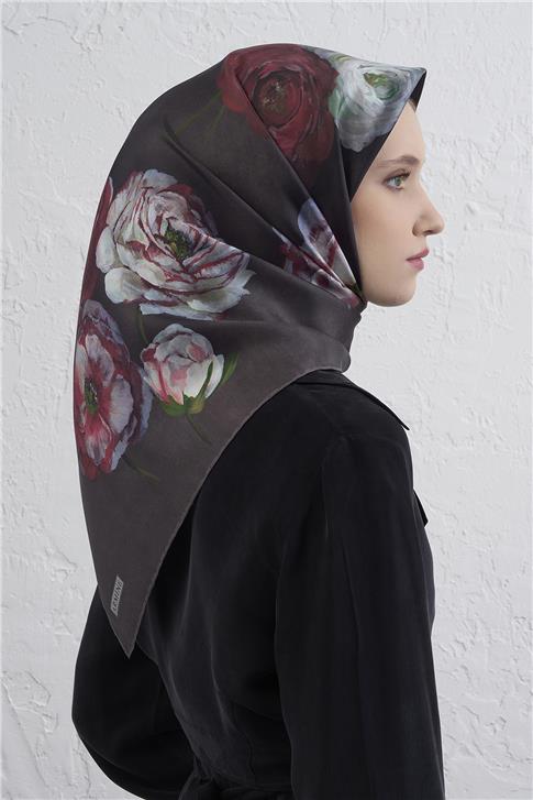 Armine Çiçek Desenli Saf İpek Twill Eşarp 9419D 85
