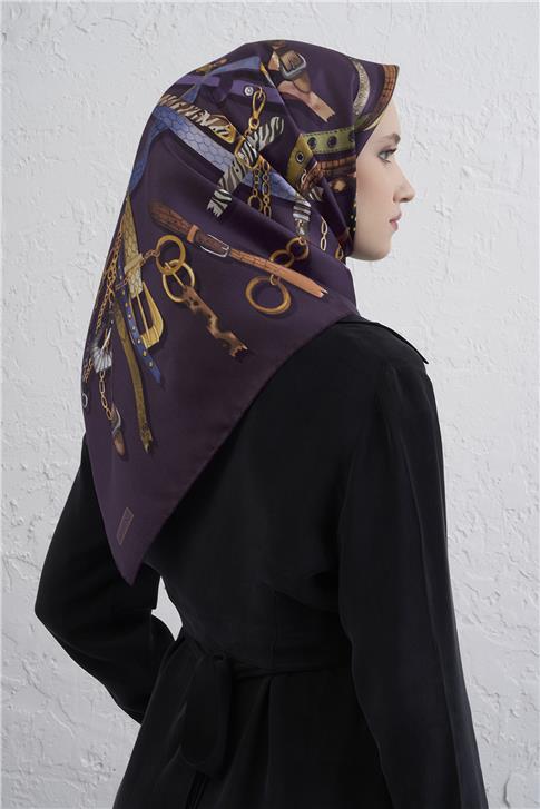 Armine Obje Desenli Saf İpek Twill Eşarp 9422D 09