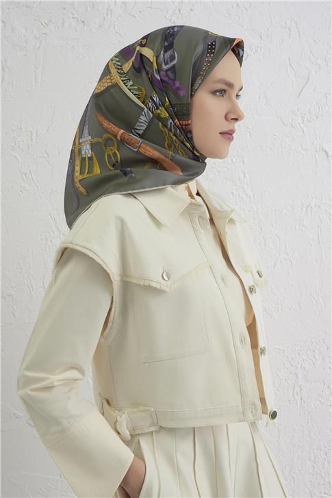 Armine Obje Desenli Saf İpek Twill Eşarp 9422D 84
