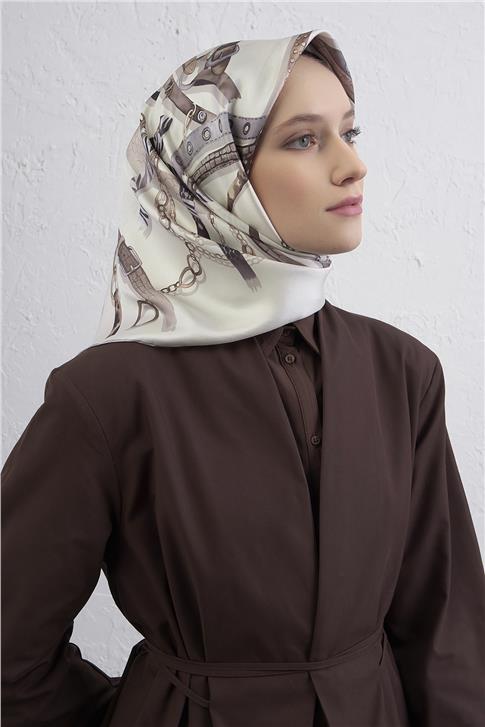 Armine Obje Desenli Saf İpek Twill Eşarp 9422D 86