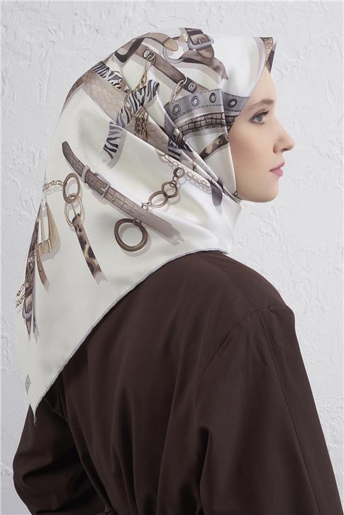 Armine Obje Desenli Saf İpek Twill Eşarp 9422D 86