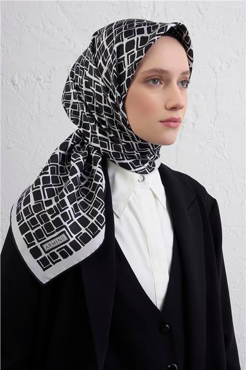 Armine Geometrik Desenli Saf İpek Twill Eşarp 9438D 59