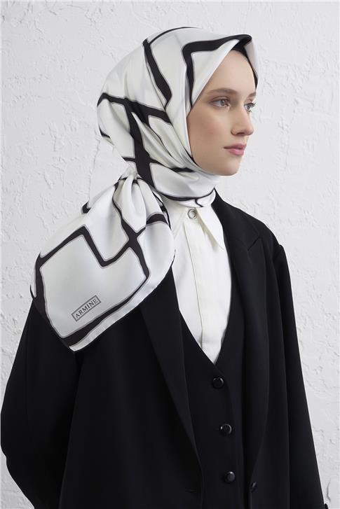 Armine Geometrik Desenli Saf İpek Twill Eşarp 9441D 01