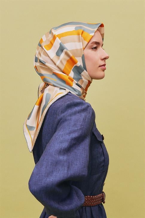 Armine Geometrik Desenli Saf İpek Twill Eşarp 9303D 03