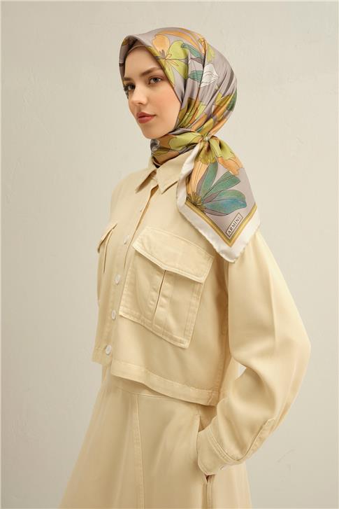 Armine Çiçek Desenli Saf İpek Twill Eşarp 9312D 55