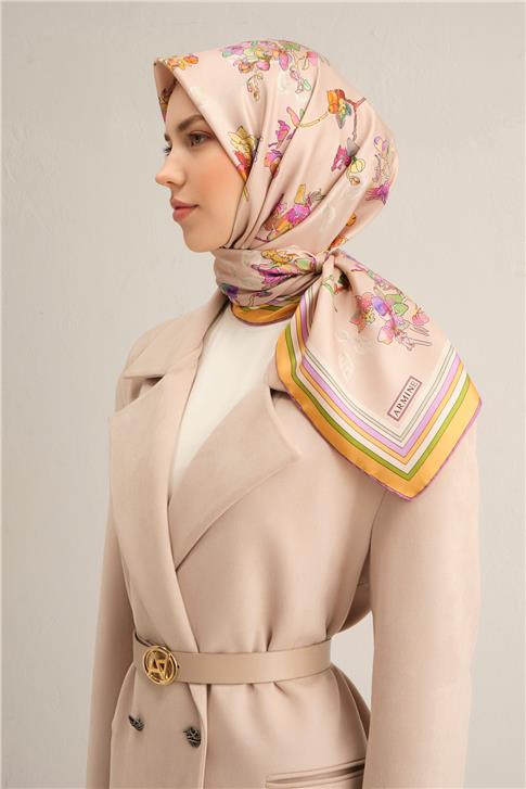 Armine Çiçek Desenli Saf İpek Twill Eşarp 9316D 31