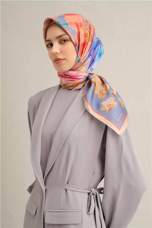 Armine Çiçek Desenli Saf İpek Twill Eşarp 9318D 07