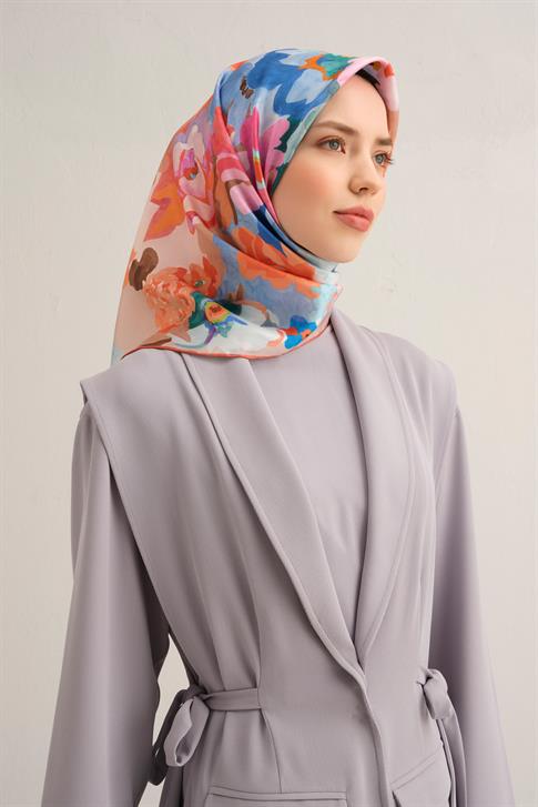 Armine Çiçek Desenli Saf İpek Twill Eşarp 9334D 08