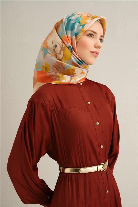 Armine Çiçek Desenli Saf İpek Twill Eşarp 9334D 80