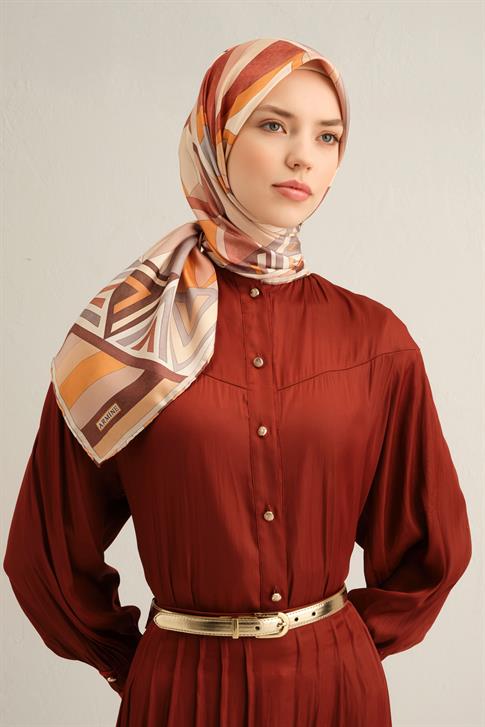 Armine Geometrik Desenli Saf İpek Twill Eşarp 9336D 05