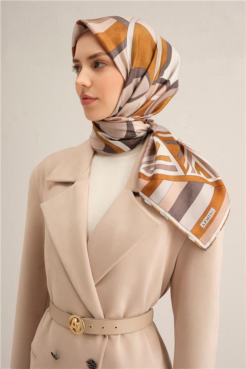 Armine Geometrik Desenli Saf İpek Twill Eşarp 9336D 83