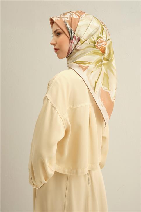 Armine Çiçek Desenli Saf İpek Twill Eşarp 9337D 04