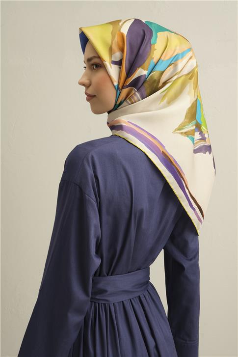 Armine Çiçek Desenli Saf İpek Twill Eşarp 9340D 05
