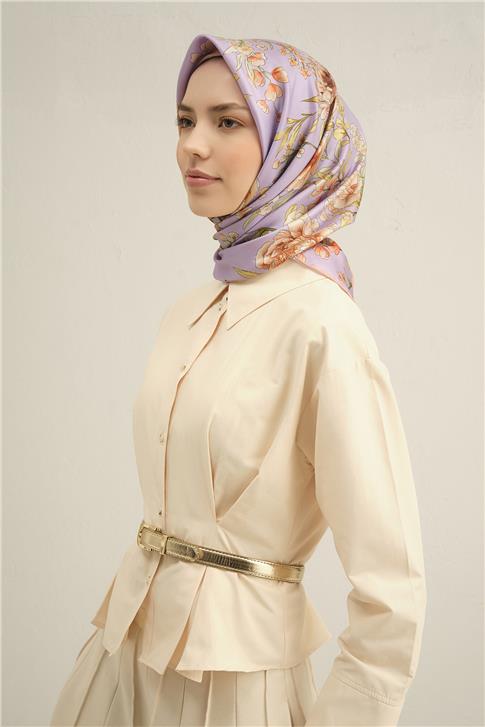Armine Çiçek Desenli Saf İpek Twill Eşarp 9347D 50 