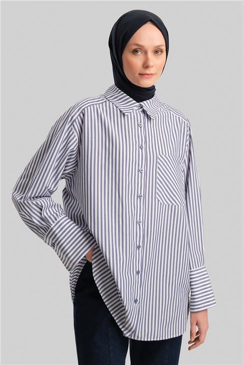 Armine Kalın Çizgili Gömlek Ort3440-1 Lacivert