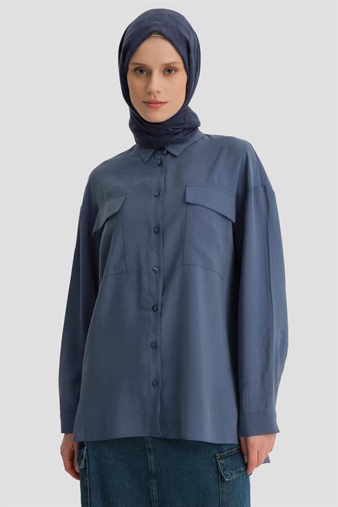 Armine Cep Kapaklı Oversize Gömlek ORT3635 İndigo