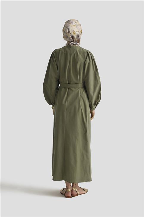 Armine Pile Detaylı Pamuk Elbise 25Y9024 Haki