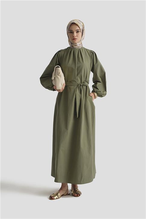 Armine Pile Detaylı Pamuk Elbise 25Y9024 Haki