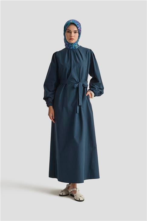 Armine Pile Detaylı Pamuk Elbise 25Y9024 İndigo