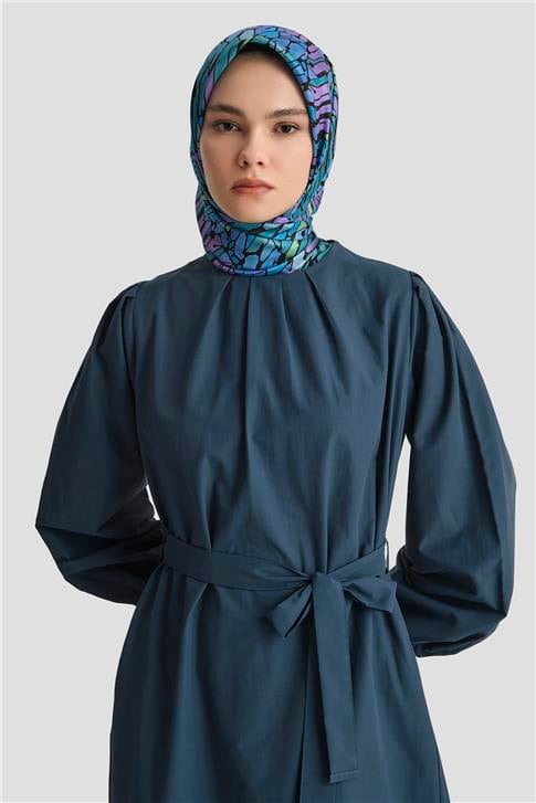 Armine Pile Detaylı Pamuk Elbise 25Y9024 İndigo